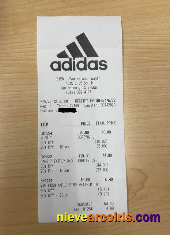 USA Adidas payment receipt